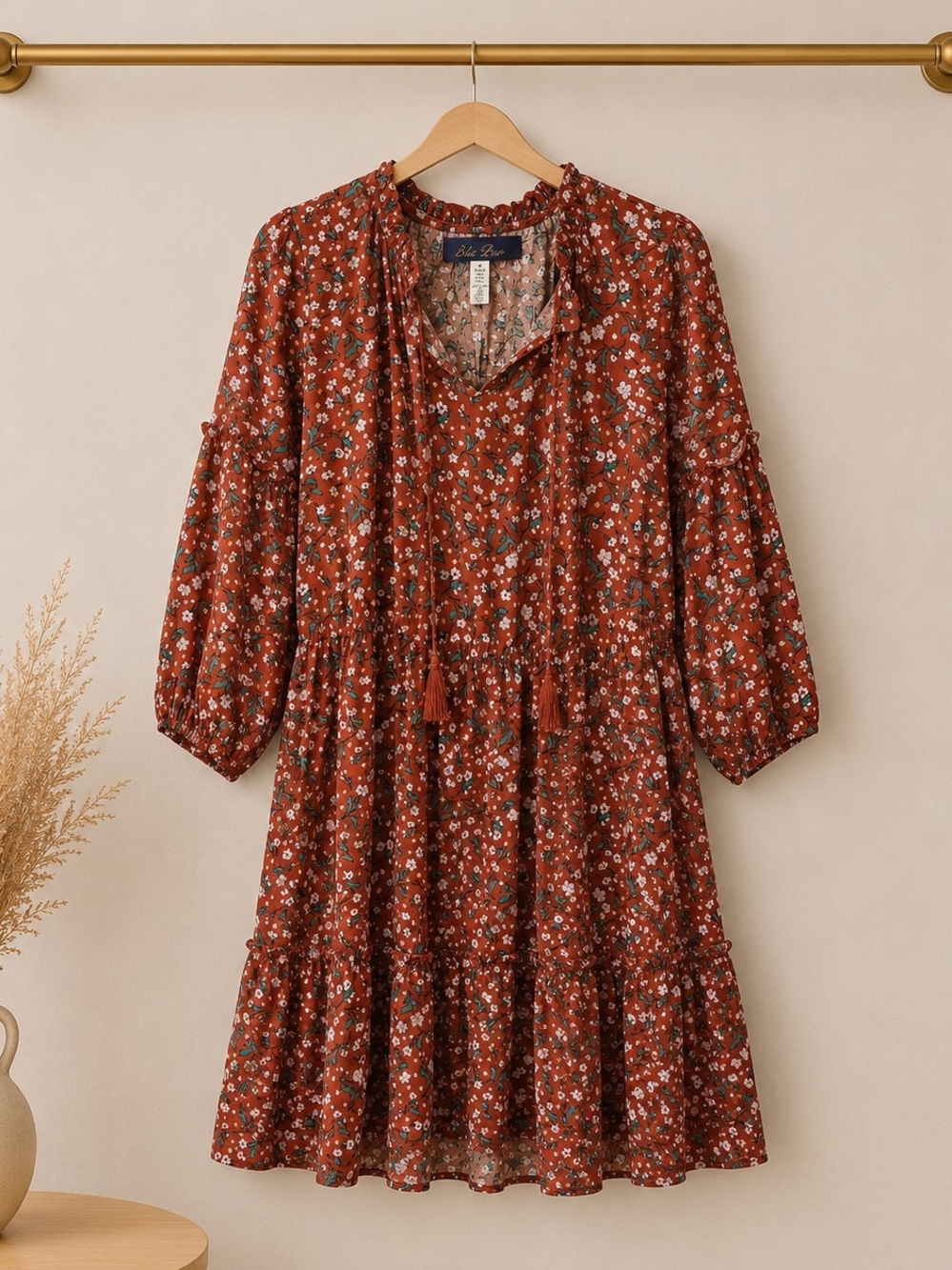 Blue Rain Rust Floral Tie-Neck Tiered Mini Dress
